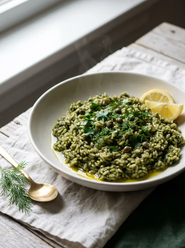 Bowl of vegan spanakorizo, deep green spinach rice topped with dill, parsley, capers and two lemon wedges