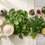 Raw ingredients for Greek spinach rice: spinach, uncooked rice, onion, dill, parsley, lemon, capers and olive oil
