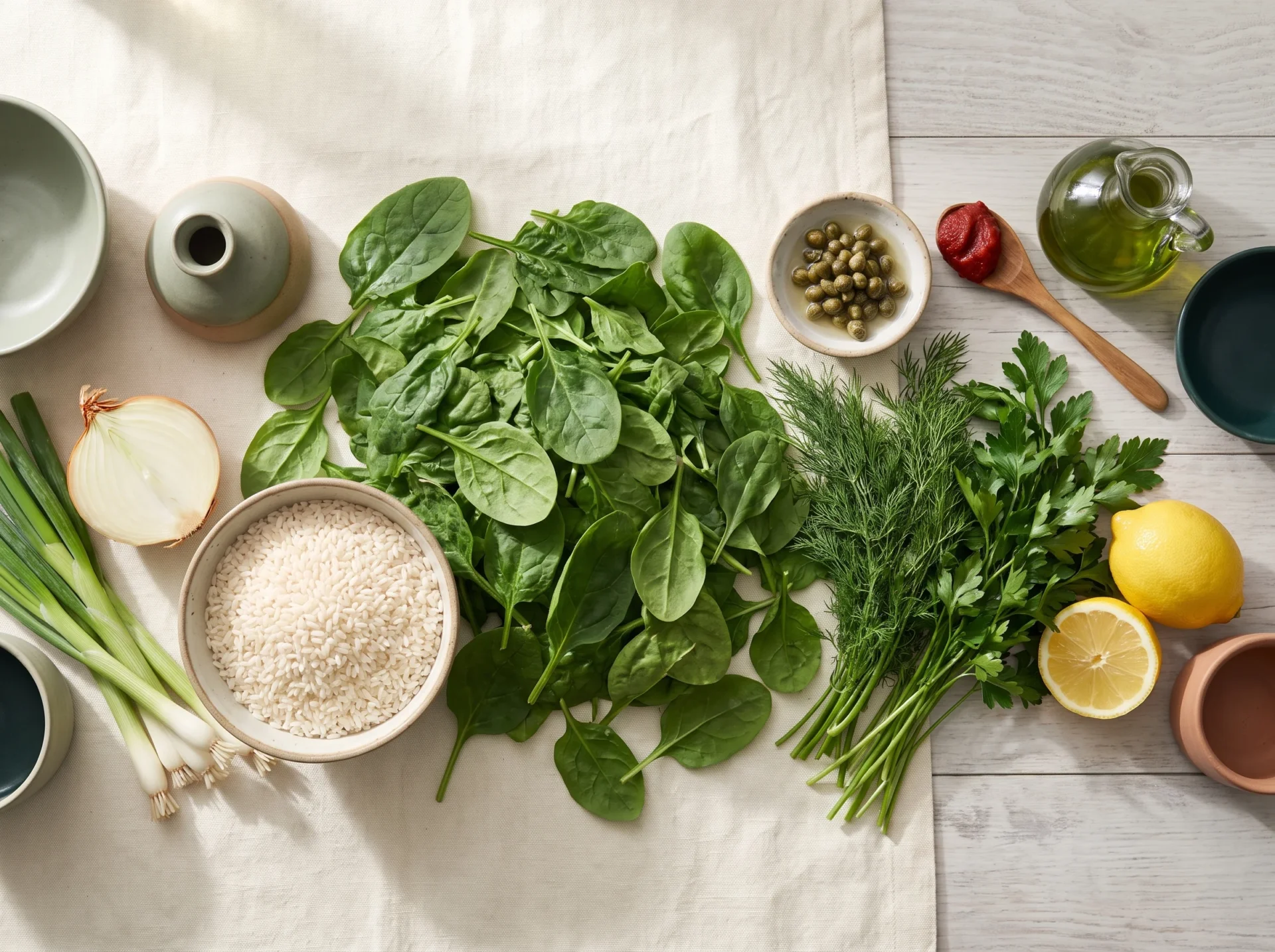 Raw ingredients for Greek spinach rice: spinach, uncooked rice, onion, dill, parsley, lemon, capers and olive oil