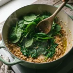 Fresh spinach leaves collapsing onto toasted rice and onion in a green enamel pot, wooden spoon mid-turn