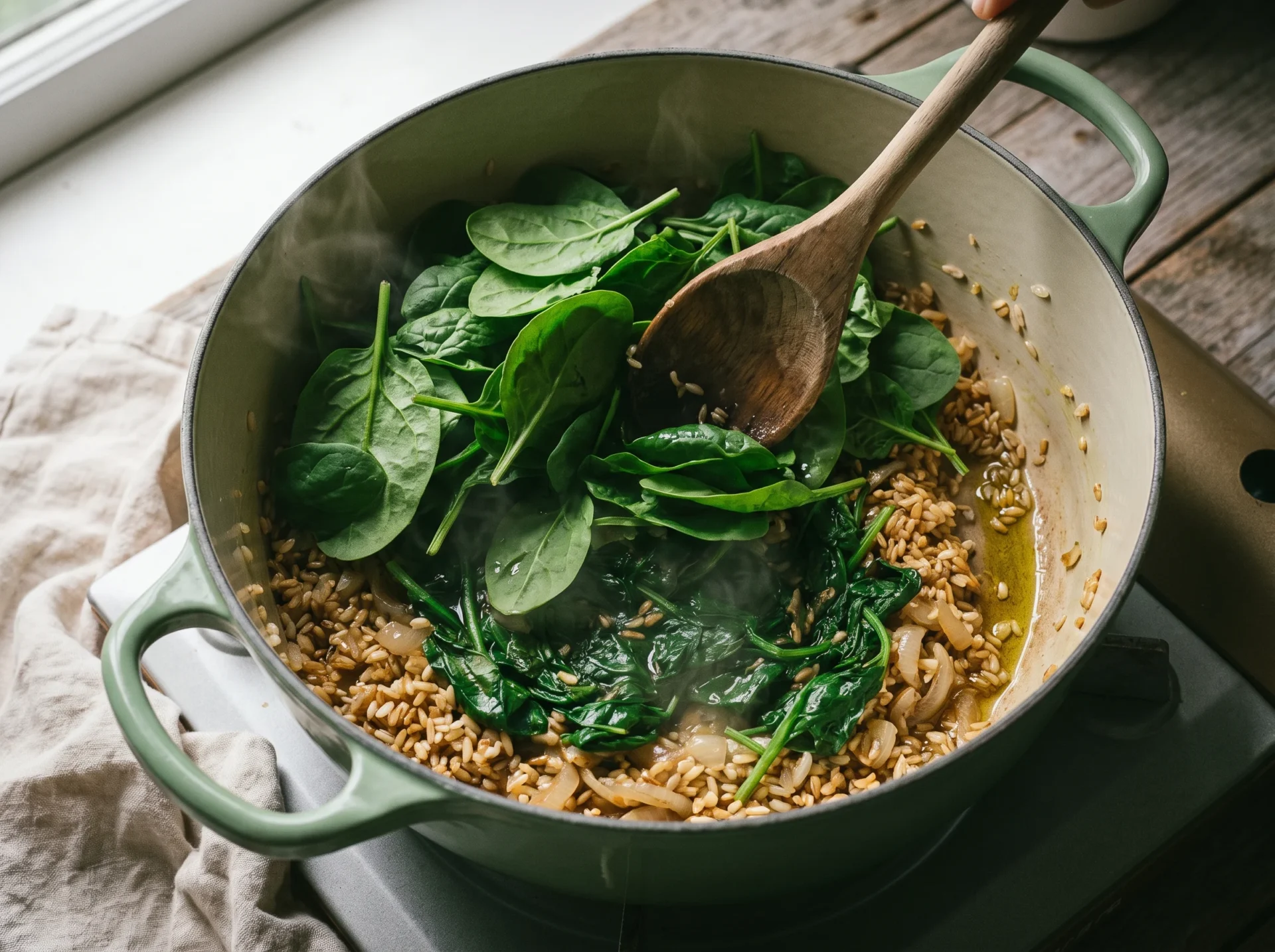 Fresh spinach leaves collapsing onto toasted rice and onion in a green enamel pot, wooden spoon mid-turn