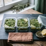 Three glass meal-prep containers of cooled green spinach rice with lemon wedges and dill on a slate slab
