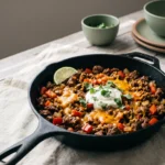 Keto taco skillet in cast iron with melted cheddar, sour cream, cilantro and a lime wedge