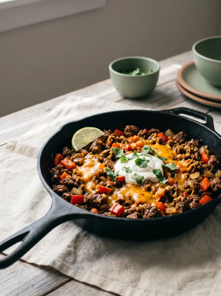 Keto taco skillet in cast iron with melted cheddar, sour cream, cilantro and a lime wedge