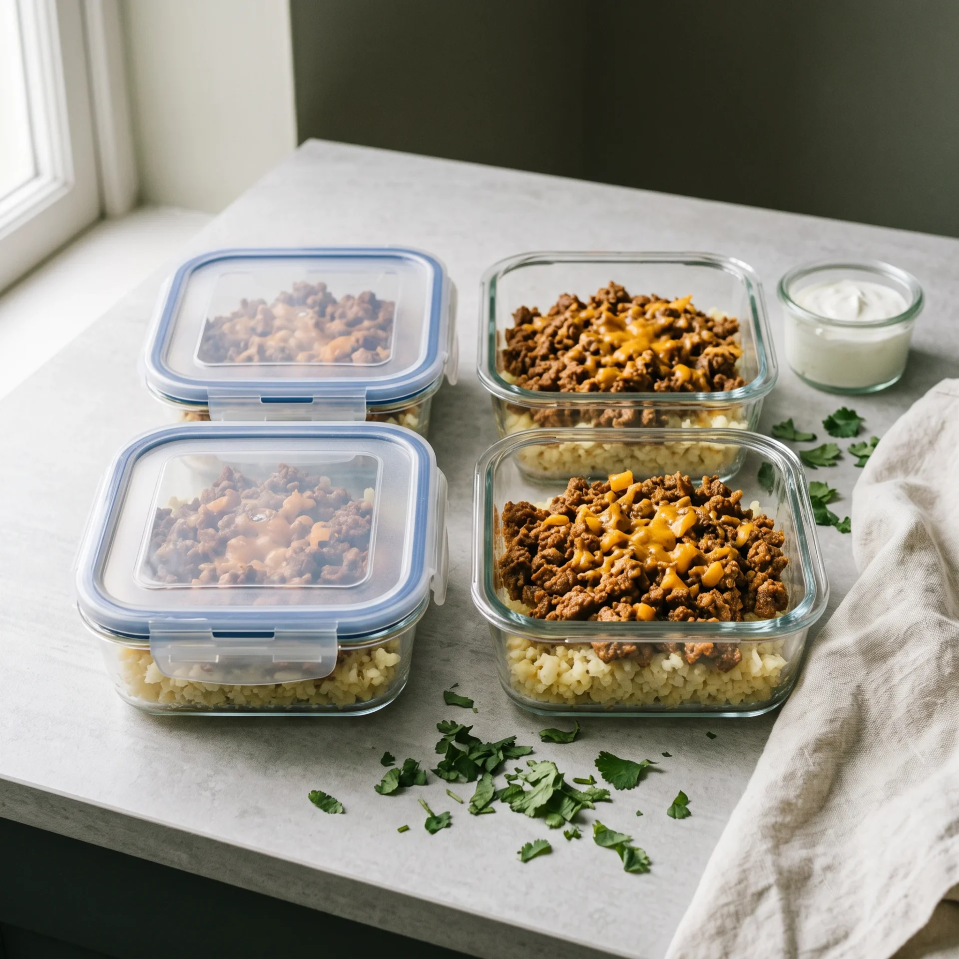 Four glass meal-prep containers of keto taco skillet with sour cream held separately