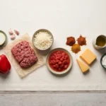 Raw ingredients for keto taco skillet laid out: ground beef, red pepper, onion, cauliflower rice, tomatoes, cheddar