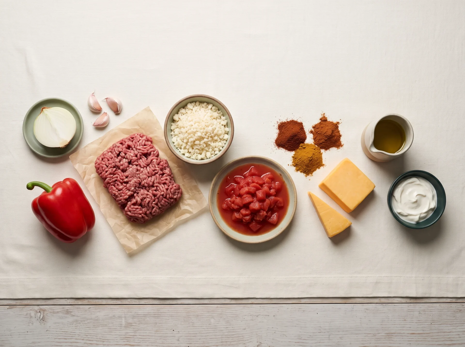 Raw ingredients for keto taco skillet laid out: ground beef, red pepper, onion, cauliflower rice, tomatoes, cheddar