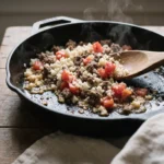 Cauliflower rice and drained tomatoes just stirred into browned ground beef in a hot skillet