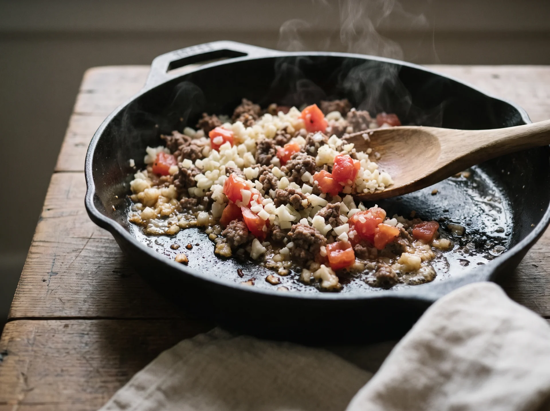 Cauliflower rice and drained tomatoes just stirred into browned ground beef in a hot skillet