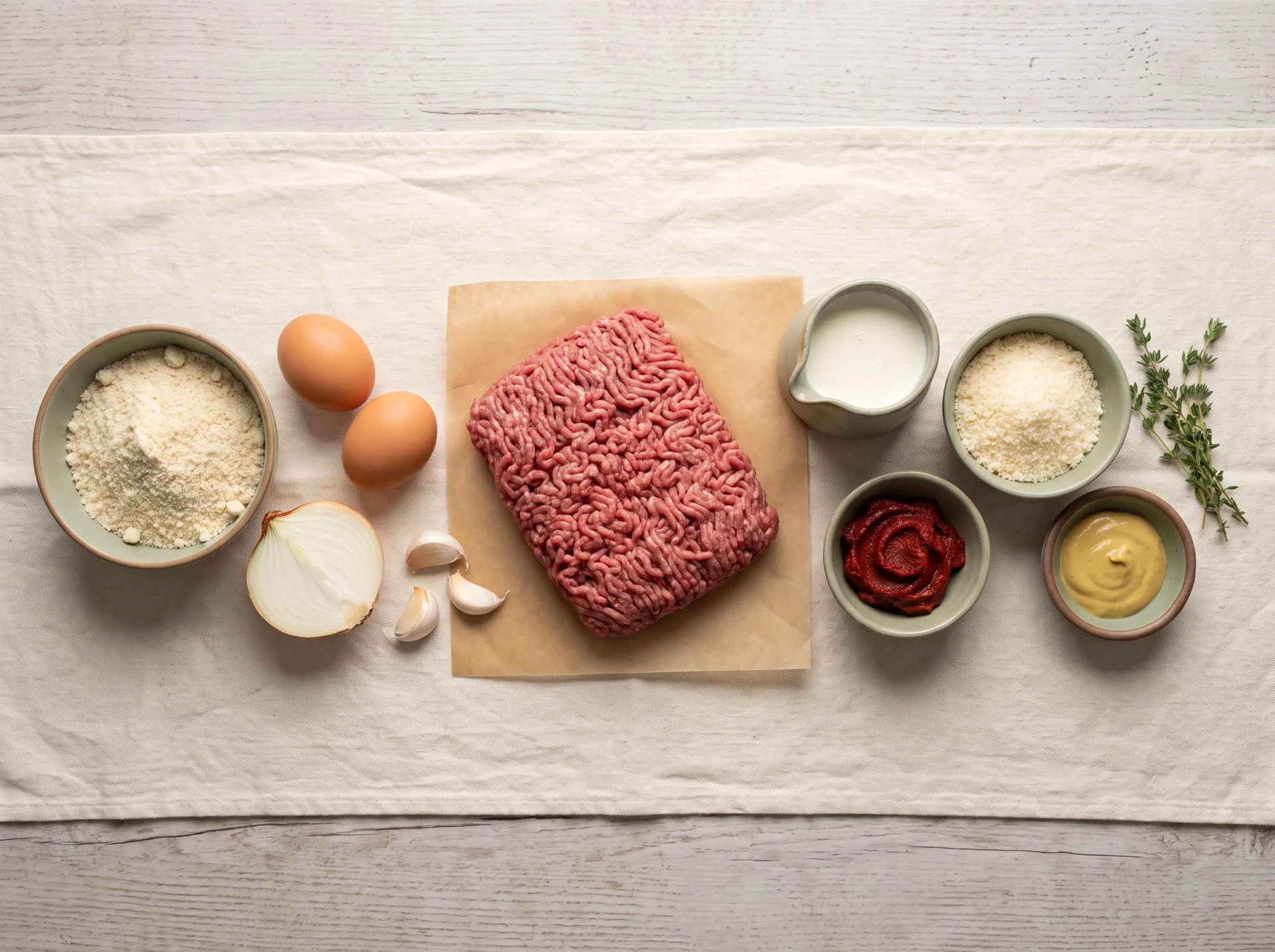 Raw ingredients for keto meatloaf: ground beef, almond flour, eggs, parmesan, cream, tomato paste, thyme