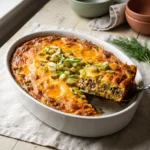 Keto cheeseburger casserole in a white baking dish with a browned cheddar crust and one portion lifted out