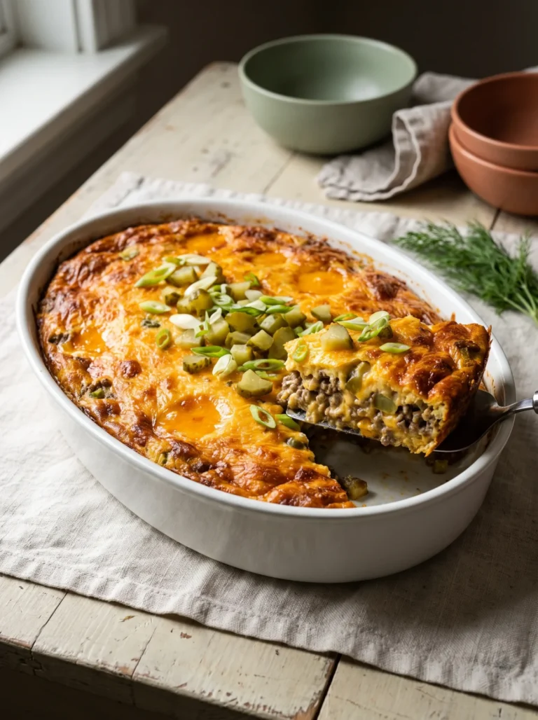 Keto cheeseburger casserole in a white baking dish with a browned cheddar crust and one portion lifted out