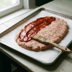 Raw shaped meatloaf on a parchment-lined sheet pan with the first coat of tomato glaze half brushed on