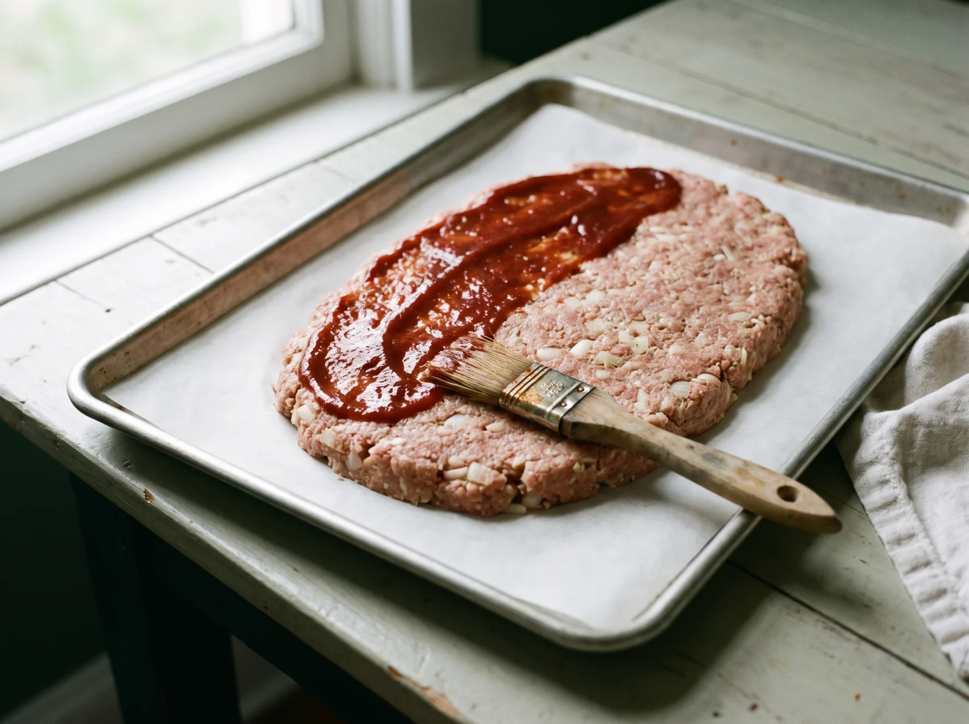 Raw shaped meatloaf on a parchment-lined sheet pan with the first coat of tomato glaze half brushed on