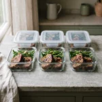 Six glass meal-prep containers holding cooled slices of glazed keto meatloaf with green beans