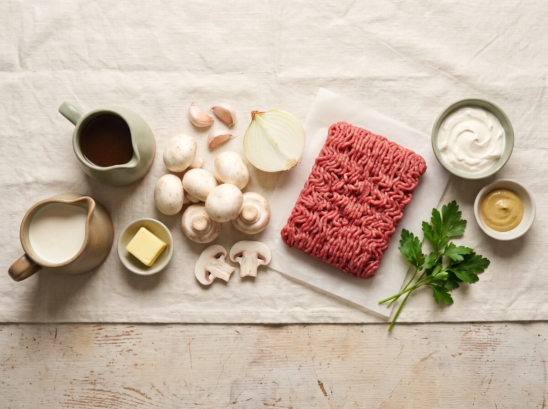 Raw ingredients for keto ground beef stroganoff: mince, white mushrooms, butter, broth, cream, sour cream