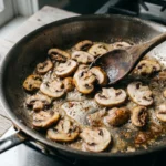 Sliced mushrooms searing alone in foaming butter, half golden and half still pale, before the beef goes in
