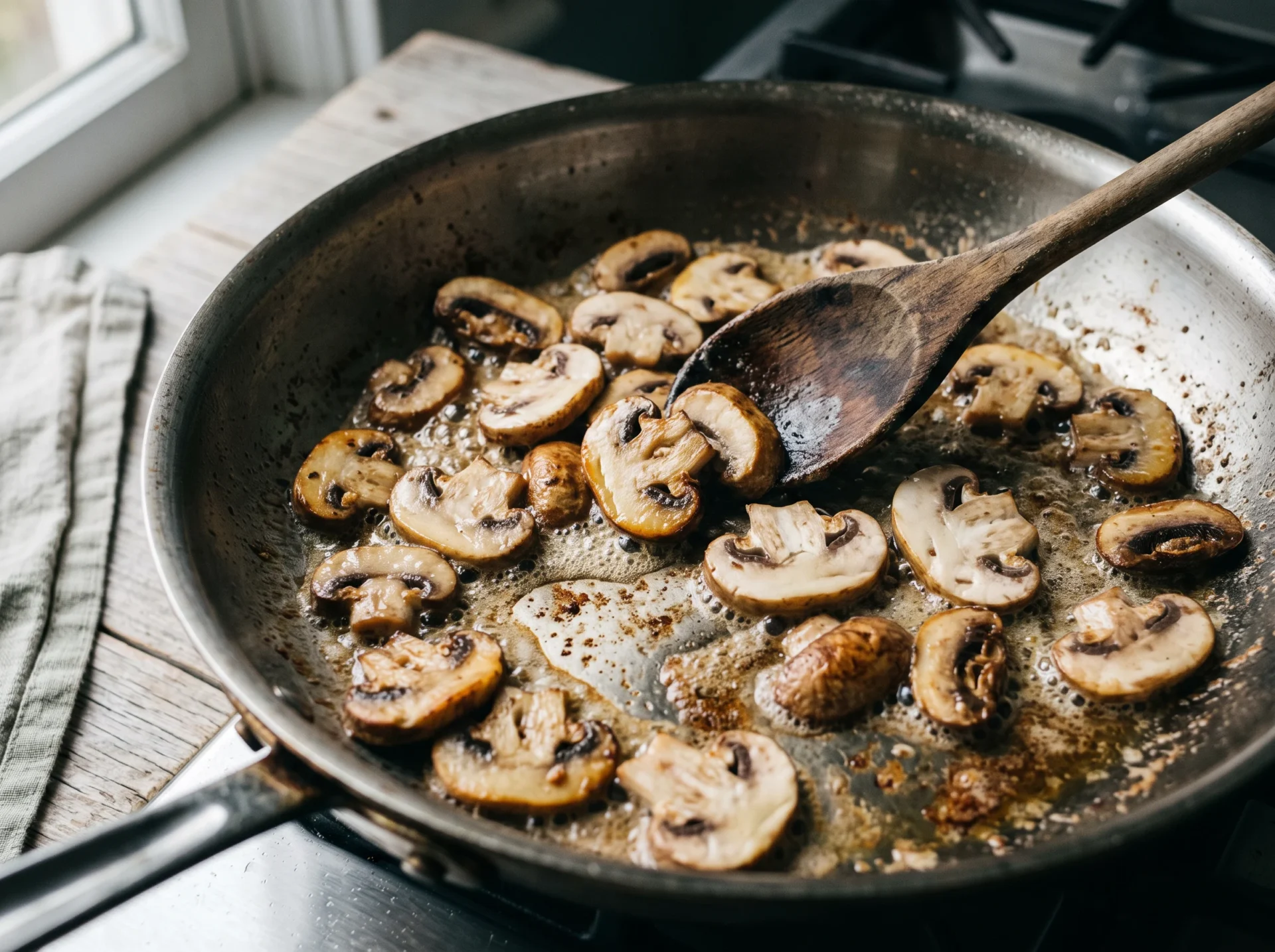 Sliced mushrooms searing alone in foaming butter, half golden and half still pale, before the beef goes in