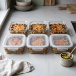 Six glass meal-prep containers of baked keto cheeseburger casserole with a set matte cheese top