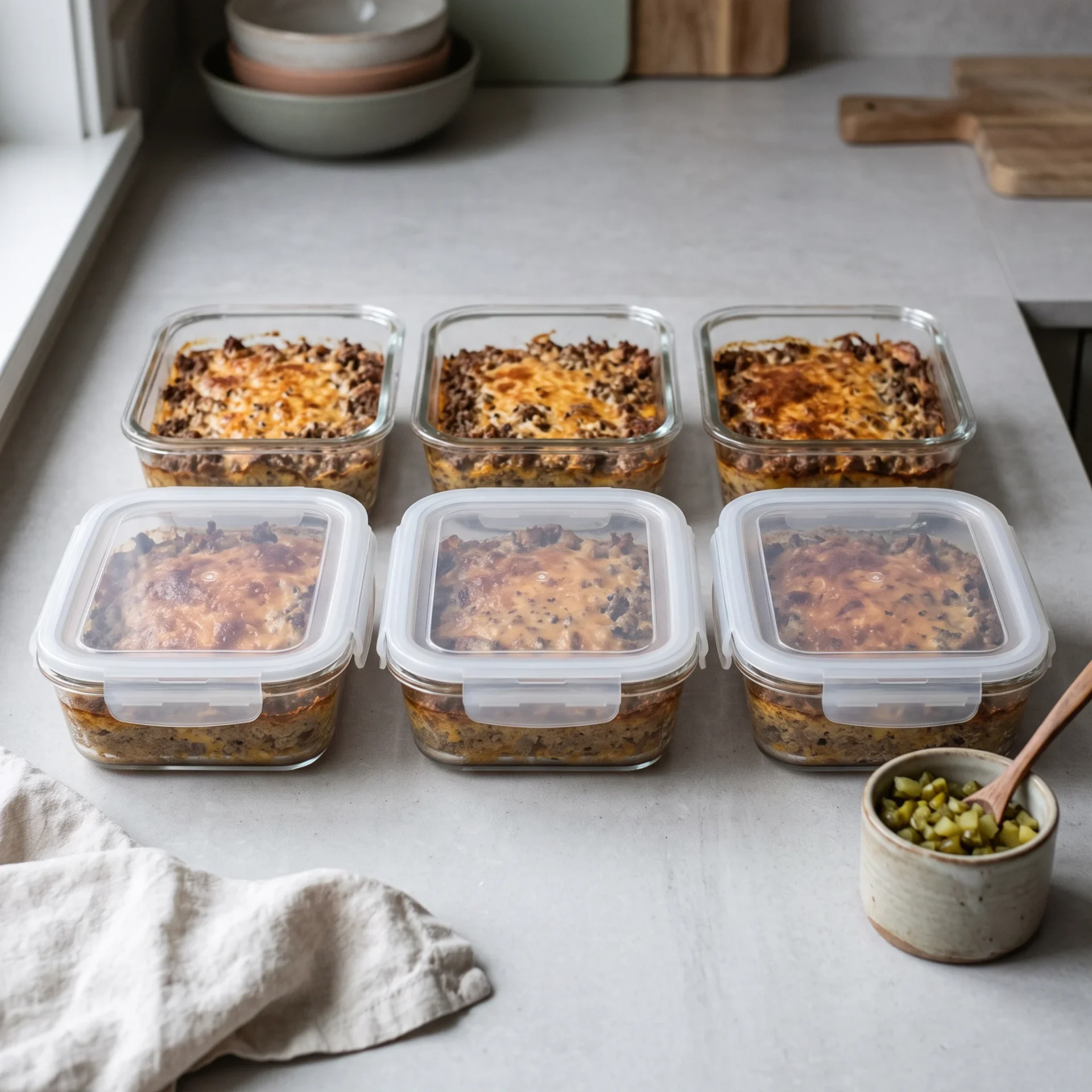 Six glass meal-prep containers of baked keto cheeseburger casserole with a set matte cheese top