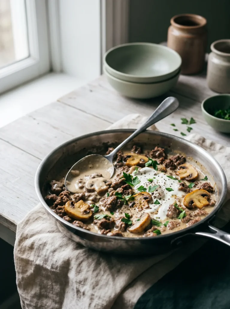 Keto ground beef stroganoff in a stainless skillet with seared mushrooms in a glossy sour cream sauce