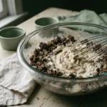 Cream cheese and egg custard being whisked into browned ground beef, still streaky and unmixed
