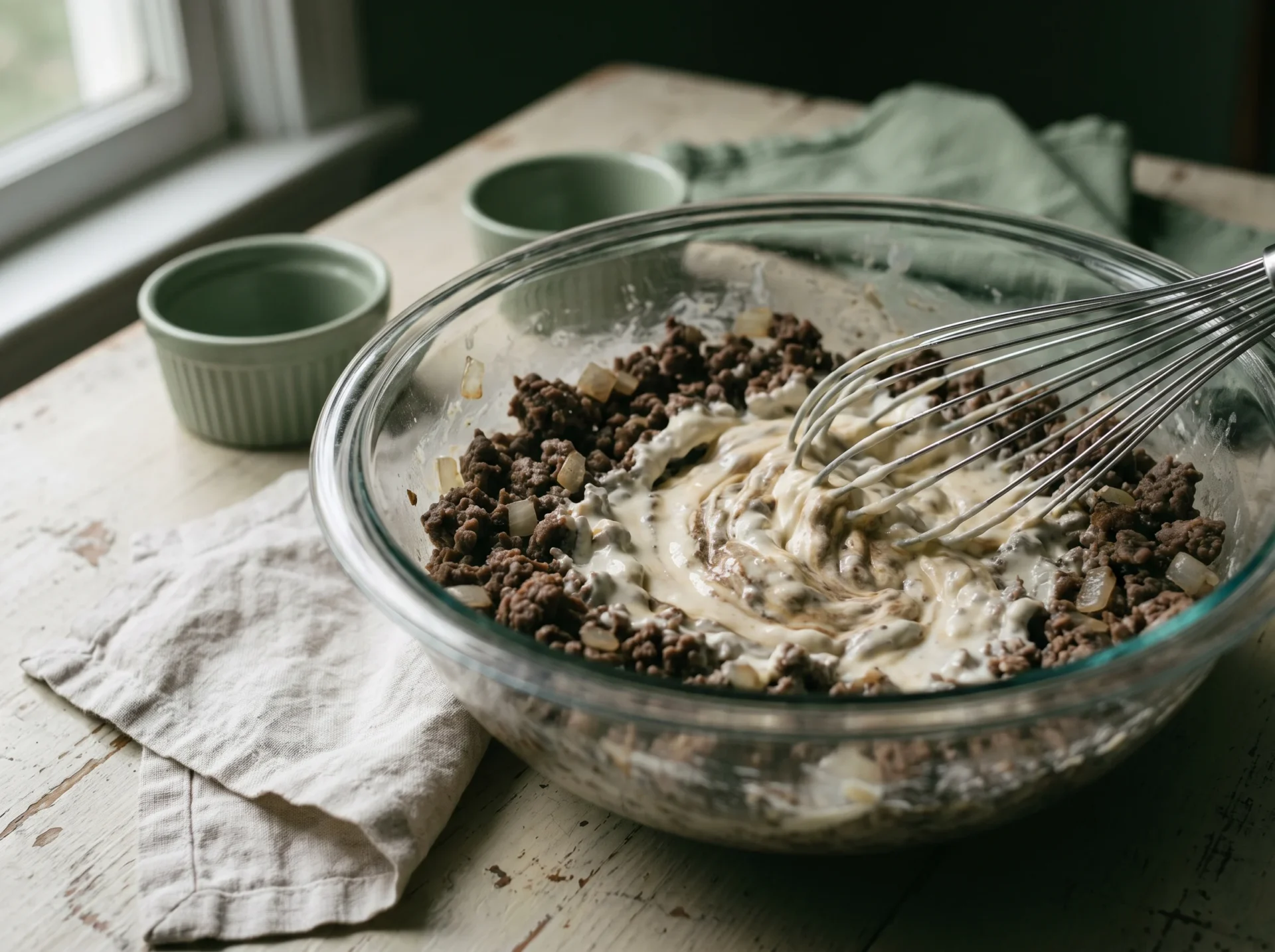 Cream cheese and egg custard being whisked into browned ground beef, still streaky and unmixed