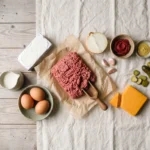 Raw ingredients for keto cheeseburger casserole: ground beef, cream cheese, eggs, cheddar, pickles, mustard