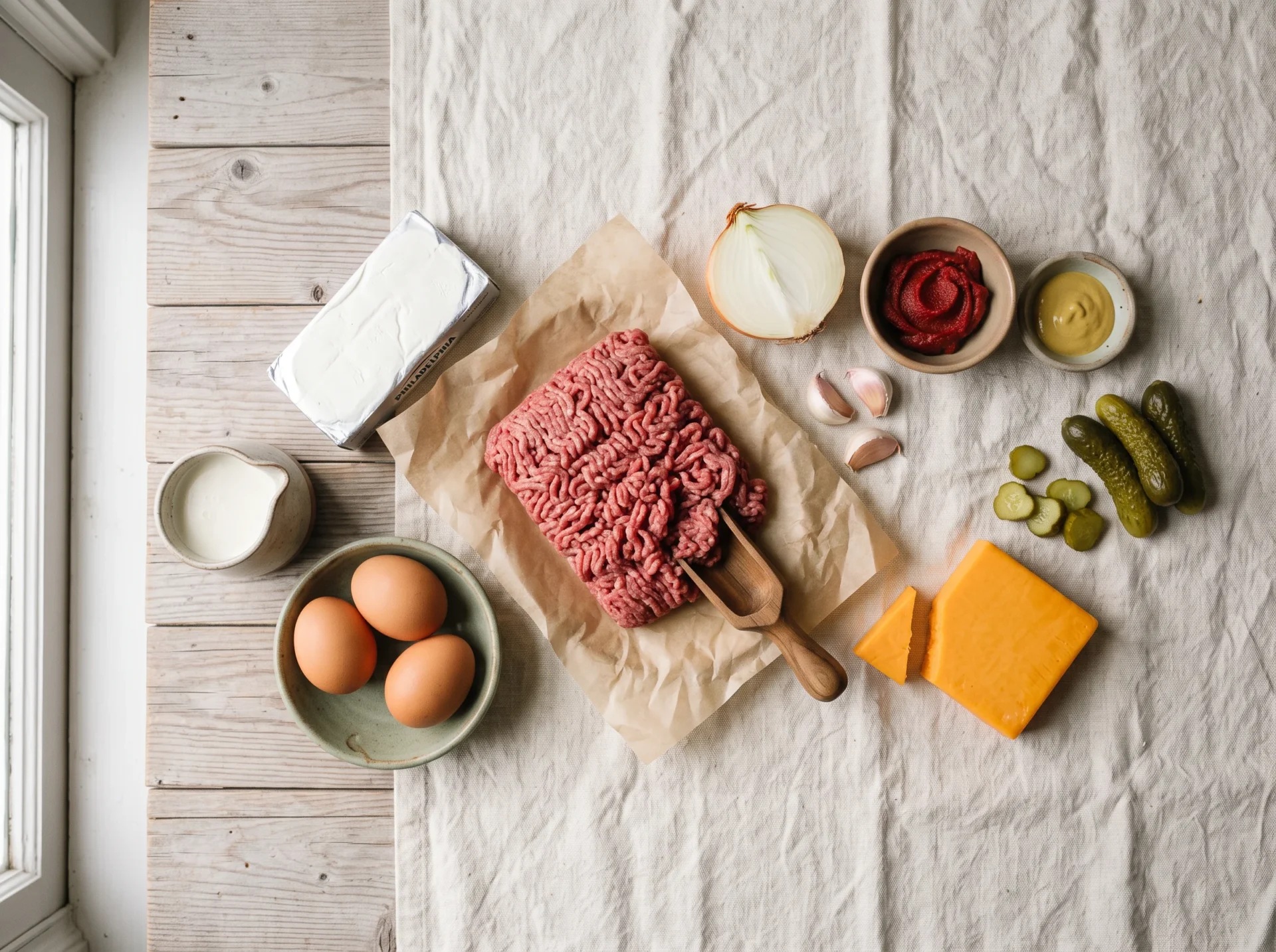 Raw ingredients for keto cheeseburger casserole: ground beef, cream cheese, eggs, cheddar, pickles, mustard