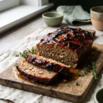 Keto meatloaf on a wooden board with a dark caramelised tomato glaze and two thick slices cut and fanned