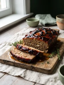 Keto meatloaf on a wooden board with a dark caramelised tomato glaze and two thick slices cut and fanned