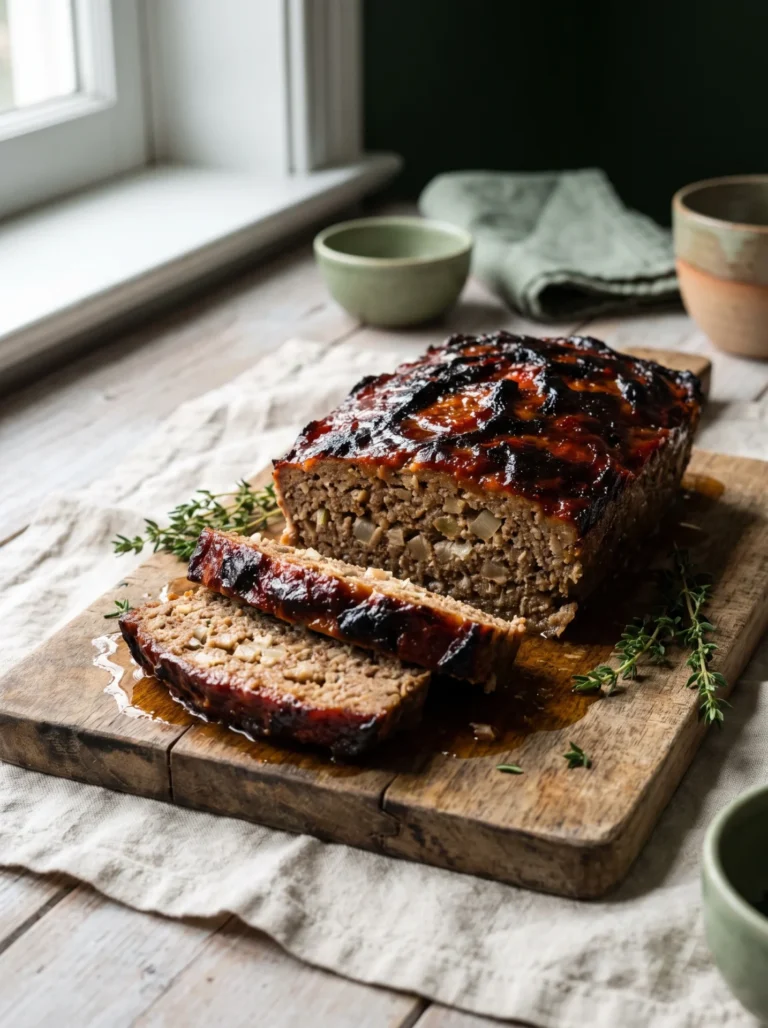 Keto meatloaf on a wooden board with a dark caramelised tomato glaze and two thick slices cut and fanned