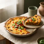 Keto taco pie in a ceramic dish with a golden baked cheese crust and one wedge lifted out on a plate