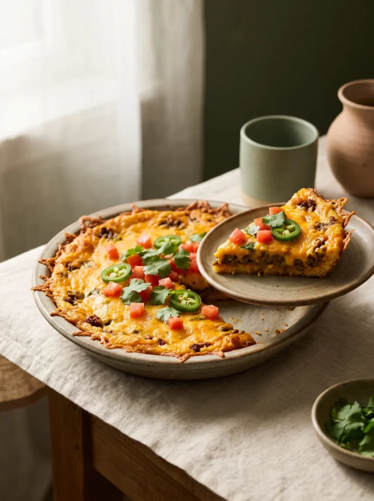 Keto taco pie in a ceramic dish with a golden baked cheese crust and one wedge lifted out on a plate