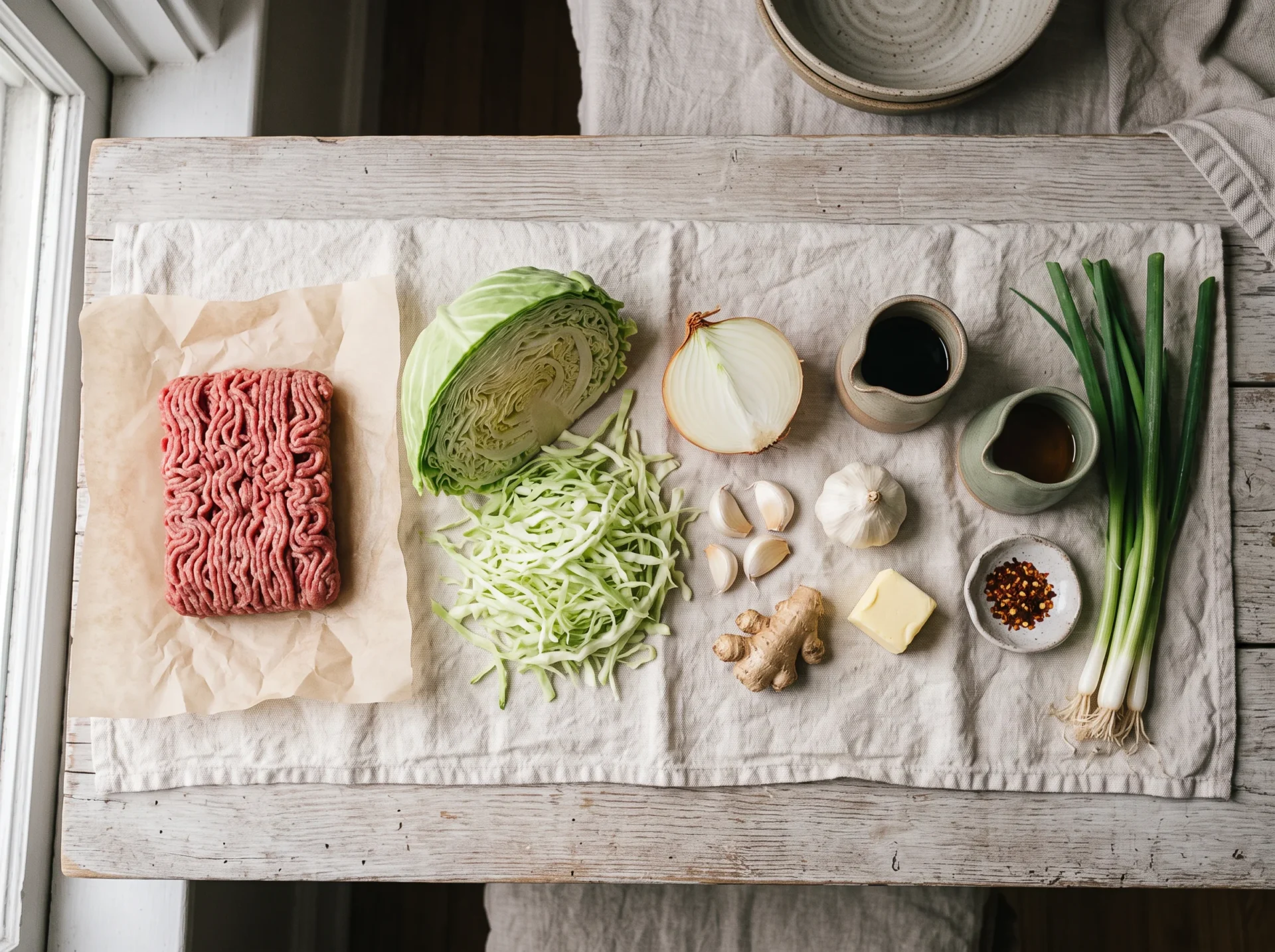 Raw ingredients for keto beef and cabbage skillet: mince, shredded green cabbage, garlic, ginger, soy sauce, sesame oil