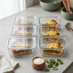 Six glass meal-prep containers each holding a wedge of keto taco pie with the cheese base visible in cross-section