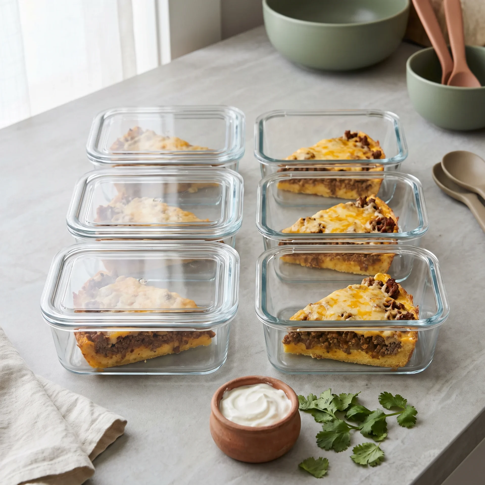Six glass meal-prep containers each holding a wedge of keto taco pie with the cheese base visible in cross-section