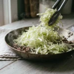 Raw shredded cabbage piled high above the rim onto browned ground beef in a hot skillet, only the base wilting