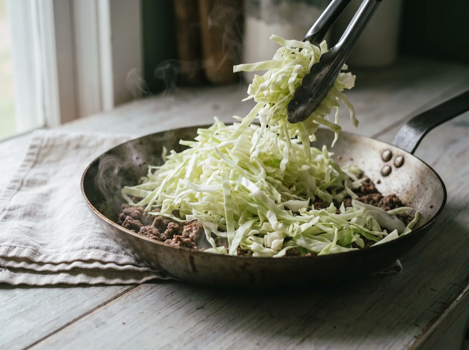 Raw shredded cabbage piled high above the rim onto browned ground beef in a hot skillet, only the base wilting