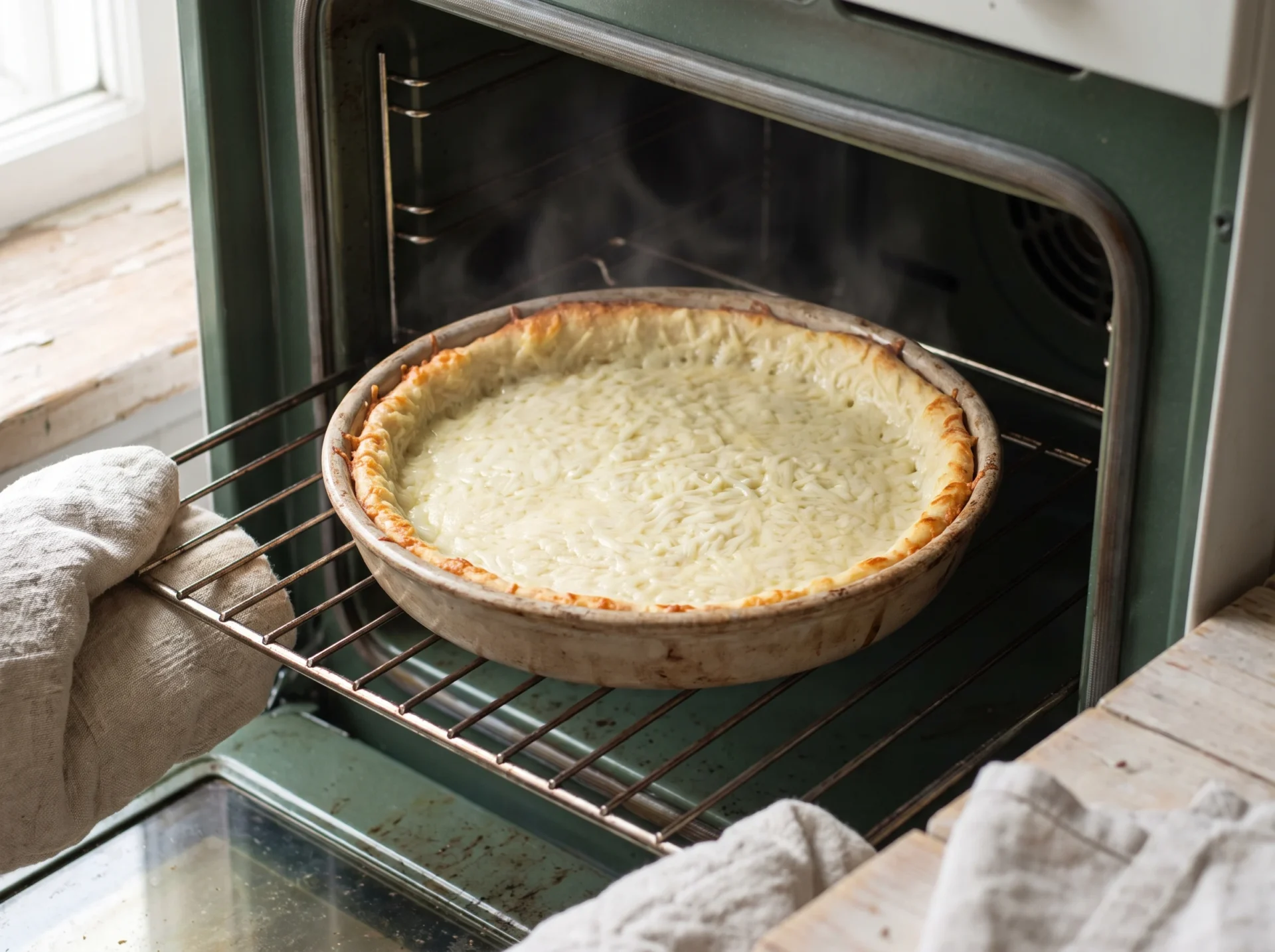 Cheese crust part-baked in a pie dish, fused into a pale sheet with the rim just turning gold, no filling in it