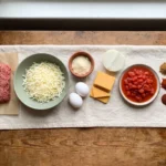 Raw ingredients for keto taco pie: ground beef, shredded mozzarella, parmesan, eggs, cheddar, tomatoes, spices
