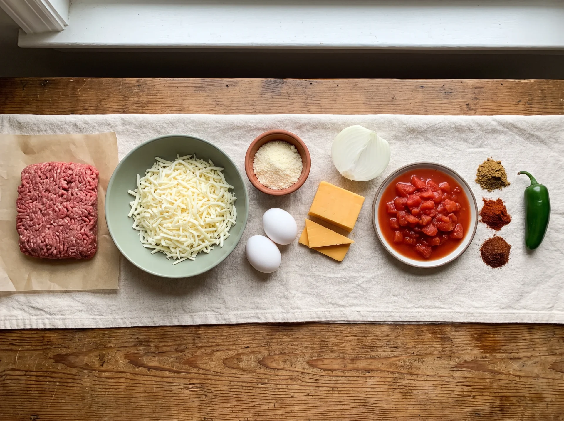 Raw ingredients for keto taco pie: ground beef, shredded mozzarella, parmesan, eggs, cheddar, tomatoes, spices