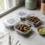 Four glass meal-prep containers of keto beef and cabbage skillet with sesame seeds and sliced scallion alongside