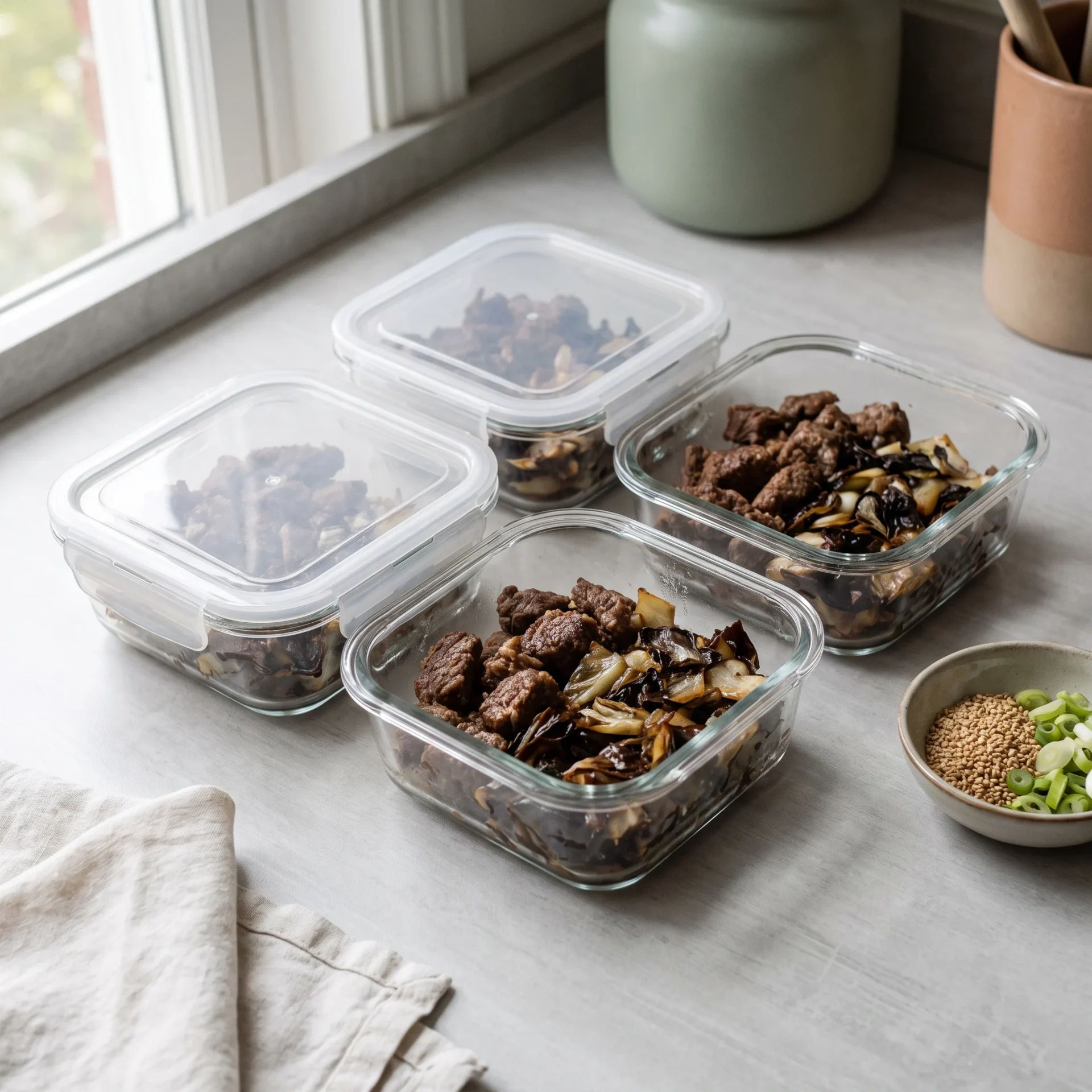 Four glass meal-prep containers of keto beef and cabbage skillet with sesame seeds and sliced scallion alongside