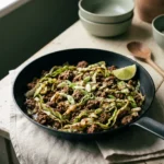 Keto beef and cabbage skillet in a black pan with browned mince, wilted cabbage ribbons, sesame seeds and scallion