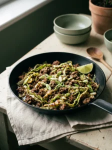 Keto beef and cabbage skillet in a black pan with browned mince, wilted cabbage ribbons, sesame seeds and scallion