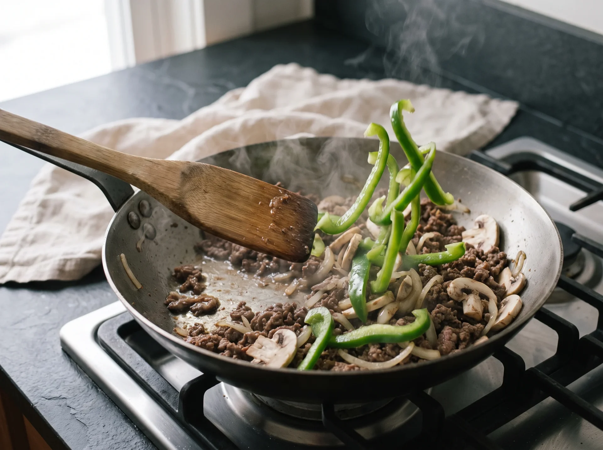 Sliced green pepper, onion and mushrooms cooking with browned ground beef in a wide carbon steel skillet