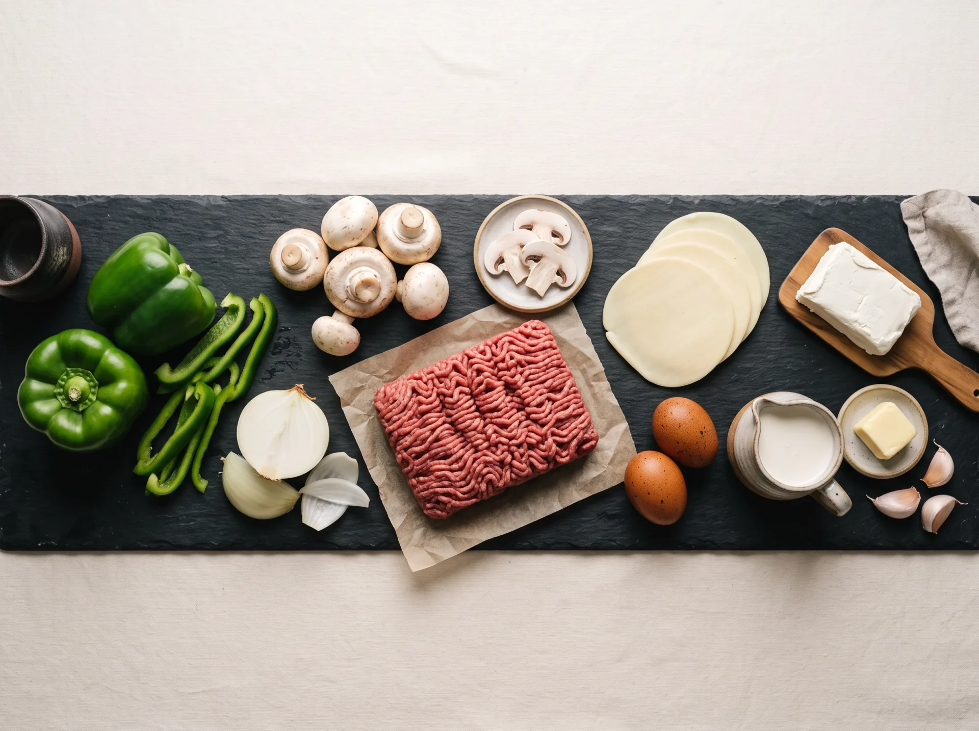 Raw ground beef, green bell pepper, onion, mushrooms, provolone slices and cream cheese on a slate board