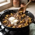 Cream cheese and roasted cauliflower being stirred into browned ground beef in a cast iron skillet