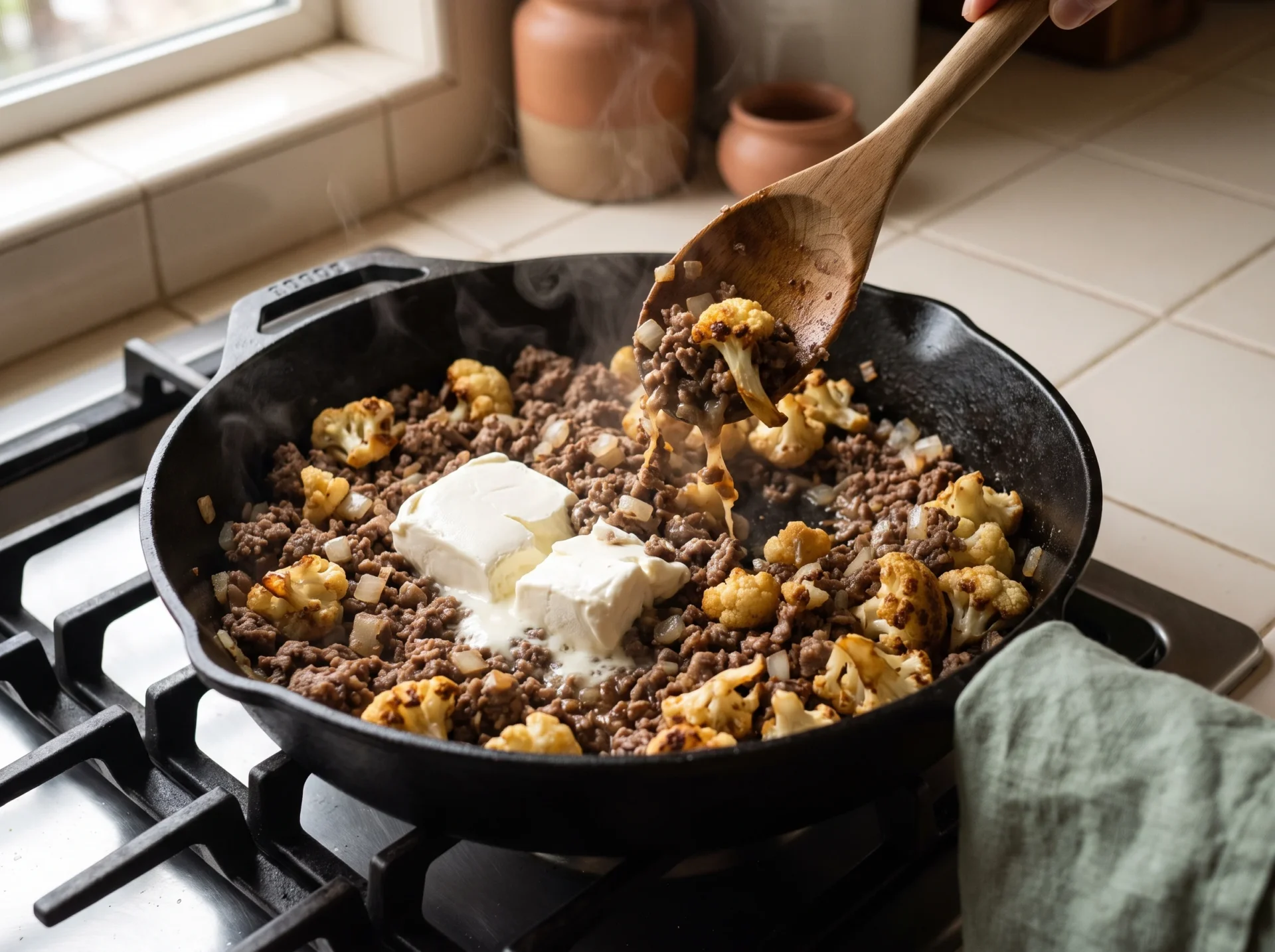 Cream cheese and roasted cauliflower being stirred into browned ground beef in a cast iron skillet